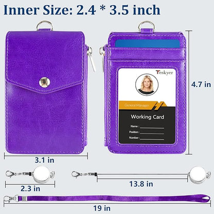 Teskyer Leather Badge Holder with Lanyard and Retractable Badge Reel, 4 Card Slots ID Card Holder with 1 Zipper Pocket for Office School Name Work IDs, Purple