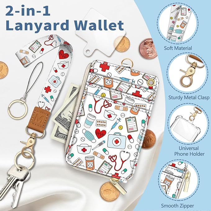 Lanyard Wallet with Id Badge Holder, Nurse RFID Small Keychain Wallet Women Wristlet, Pharmacy Cute Zipper Credit Card Holder Phone Wrist Neck Strap for Key Name Tag, Student Office Gifts