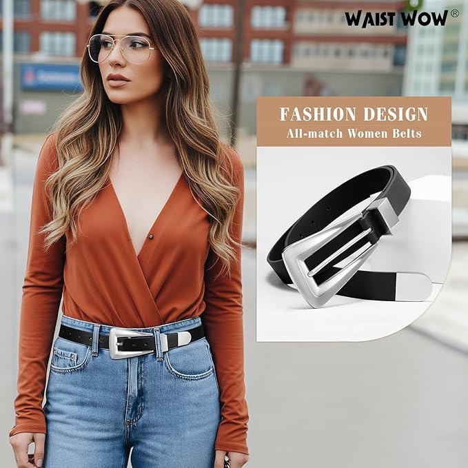 Women's Leather Belts for Jeans Pants Fashion Leather Waist Belt Ladies Dress Belts with Gold/Silver Buckle