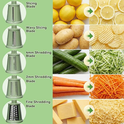 Upgrade Rotary Cheese Grater Shredder with Handle, Strong Suction Base, Multi-purpose Rotary Grater Slicer with 5 Interchangeable Blades for Ice, Vegetables, Fruit, Nuts with Blade Storage Box