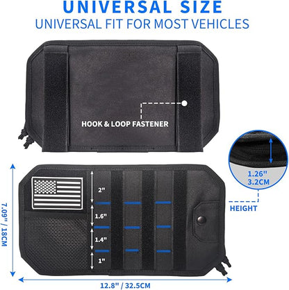 Car Tactical Sun Visor Organizer Sag-Free MOLLE Panel with Zipper Storage & Glasses Clip Universal Fit for Trucks, SUVs, and Patrol Vehicles - Ideal for Daily Use & Outdoor Adventures（Black）