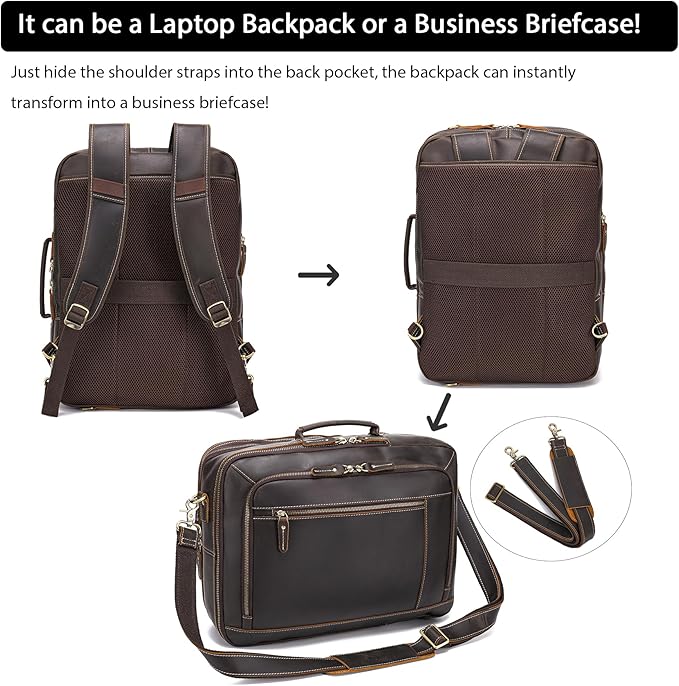 LANNSYNE Vintage Genuine Leather Backpack For Men, 2 in 1 Expandable Briefcase Fits 17'' Laptop Crossbody shoulder Bag Business/Travel Rucksack