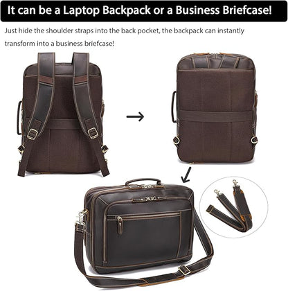 LANNSYNE Vintage Genuine Leather Backpack For Men, 2 in 1 Expandable Briefcase Fits 17'' Laptop Crossbody shoulder Bag Business/Travel Rucksack