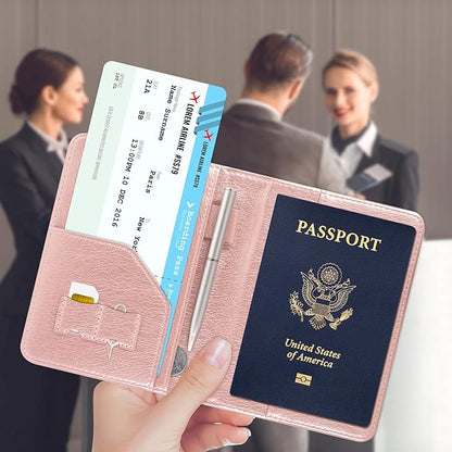 ACdream RFID BLOCKING Passport Holder Travel Wallet, Premium PU Leather Cover Passport Book with Card Holder, Pen Holder, Keep Organization, and Travel Essentials for Women and Men, Rose Gold