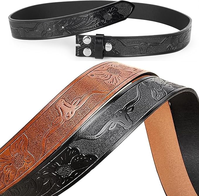 IZUS Vintage Western Belt Strap without Buckle Longhorn-Bull-Embossed Cowboy Belt for Women Men 1-1/2" Wide PU Leather Strap