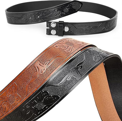 IZUS Vintage Western Belt Strap without Buckle Longhorn-Bull-Embossed Cowboy Belt for Women Men 1-1/2" Wide PU Leather Strap