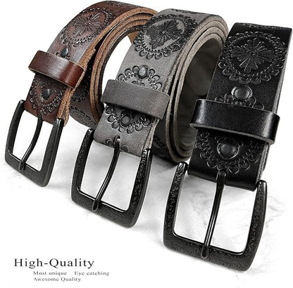 Cowboy Cowgirl Western Tooled Floral Embossed Full Grain Genuine Leather Belt Strap 1-1/2"(38mm) Wide