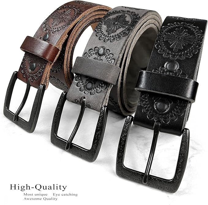 Cowboy Cowgirl Western Tooled Floral Embossed Full Grain Genuine Leather Belt Strap 1-1/2"(38mm) Wide