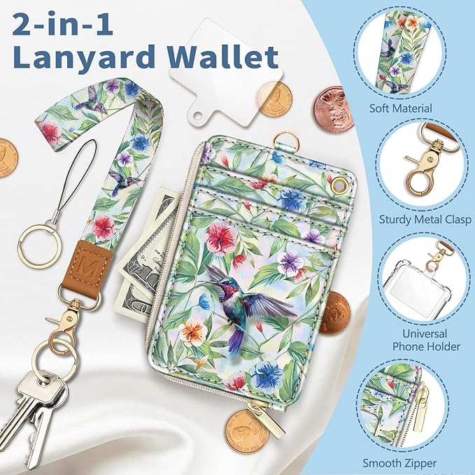 Lanyard Wallet with Id Badge Holder, Bird RFID Small Keychain Wallet Women Wristlet, Cute Zipper Credit Card Holder Phone Wrist Neck Strap for Key Name Tag, Teacher Student Office Gift