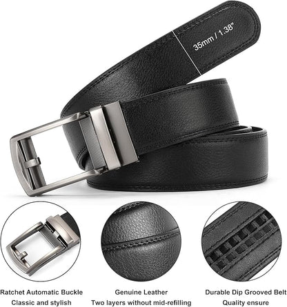GAEKEAO Ratchet Belt for Men Genuine Leather 1 3/8" - Micro-Adjust Buckle Trim to Fit Dress Belt Casual to Formal Gift Boxed