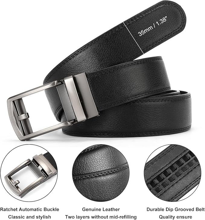 GAEKEAO Ratchet Belt for Men Genuine Leather 1 3/8" - Micro-Adjust Buckle Trim to Fit Dress Belt Casual to Formal Gift Boxed