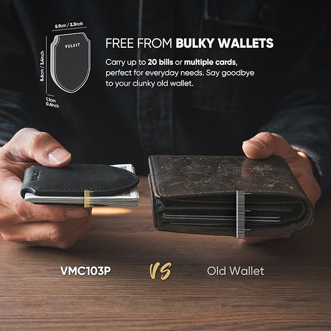 VULKIT Luxury Money Clip Top Grain Leather Magnetic Closure VULKIT Streamline Design Money Clip Wallet, Holds 10-20 Bills