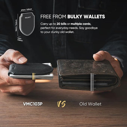VULKIT Luxury Money Clip Top Grain Leather Magnetic Closure VULKIT Streamline Design Money Clip Wallet, Holds 10-20 Bills