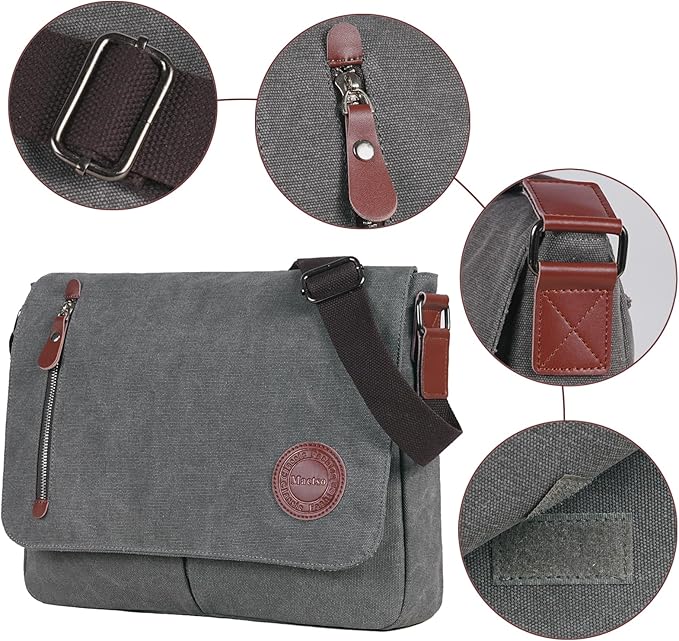 Mactso Vintage Canvas Messenger Bag for Men Women, 13.5 Inch Laptop Satchel Shoulder Bag with Multiple Pockets, Crossbody Bag for Work Travel College (Grey)
