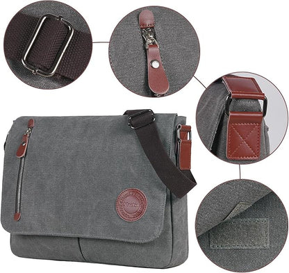 Mactso Vintage Canvas Messenger Bag for Men Women, 13.5 Inch Laptop Satchel Shoulder Bag with Multiple Pockets, Crossbody Bag for Work Travel College (Grey)