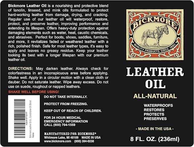 Bickmore Leather Oil Leather Conditioner 8oz | Waterproofs, Protects, and Restores Boots, Jackets, Auto, Furniture, and All Leather Goods | Made in The USA