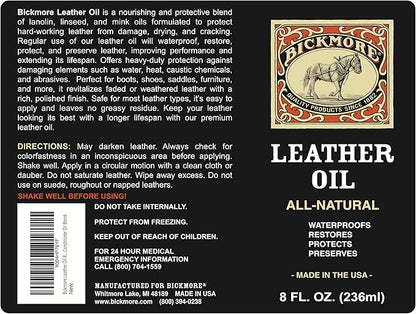 Bickmore Leather Oil Leather Conditioner 8oz | Waterproofs, Protects, and Restores Boots, Jackets, Auto, Furniture, and All Leather Goods | Made in The USA