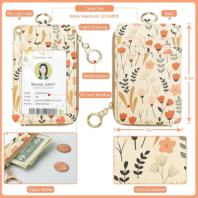 Bolimoss Floral Lanyard for ID Badge Wallet with Zipper Pocket, Cute Women Badge Holder with Detachable Neck Wrist Lanyard, ID Name Tag Work Badge Clip