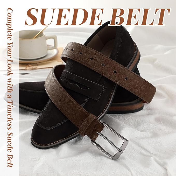 XZQTIVE Mens Suede Belt - 1 3/8" Genuine Leather Dress Belt for Jeans Dress Handmade Classic Every Day Belt