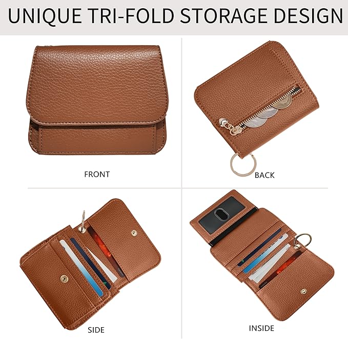 Women Small Wallet RFID Blocking Slim Wallet with Coin Pocket Tri-Fold Credit Card Holder with ID Window and Keychain (Dark Brown)
