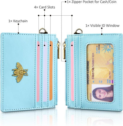 SEAVILIA Card Holder Keychain Wallet for Women with ID Window RFID Coin Purse Bee Gifts Slim Minimalist Small Wallet