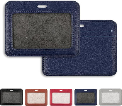 2 Pcs Leather ID Badge Holders - Horizontal, Blue, Multiple Card Slots for Offices, Staff, Students, Employees