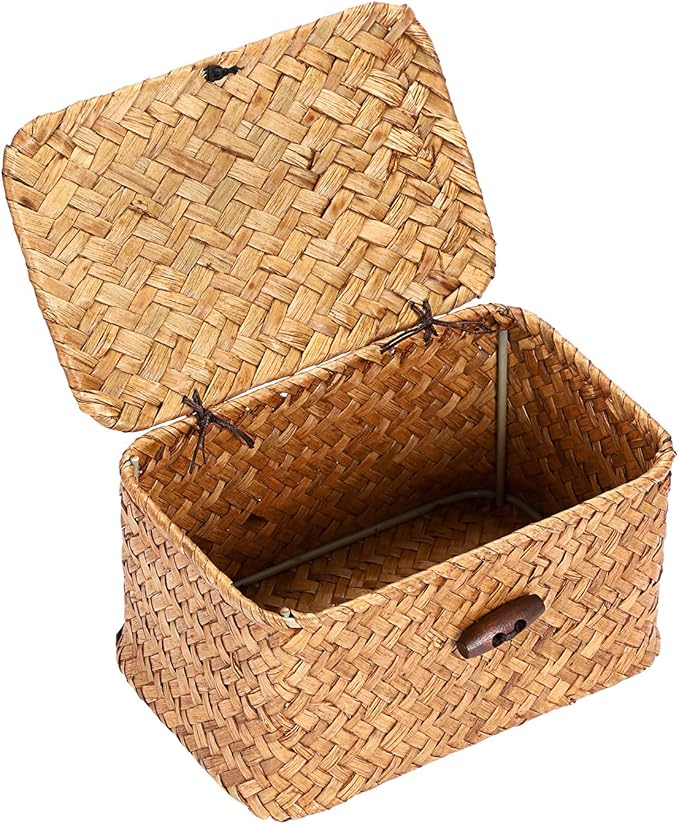Hipiwe Seagrass Basket Key Holder Box for Entryway Tabletop Desk Organizer with Lid Handwoven Wicker Storage Bin for Hair Ties Candy, Whitewash 6.1" x 4" x 3.3"