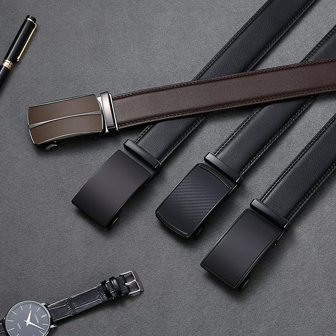 SENDEFN Men's Leather Belt Automatic Ratchet Buckle Slide Belt for Dress Casual Trim to Fit with Gift Box