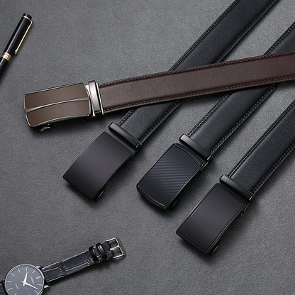 SENDEFN Men's Leather Belt Automatic Ratchet Buckle Slide Belt for Dress Casual Trim to Fit with Gift Box