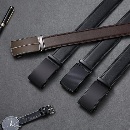 SENDEFN Men's Leather Belt Automatic Ratchet Buckle Slide Belt for Dress Casual Trim to Fit with Gift Box