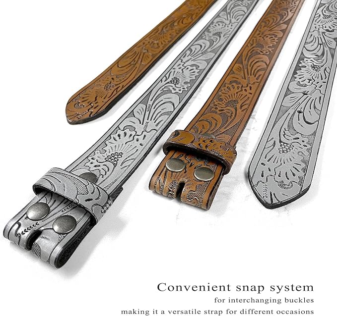 Western Floral Engraved Embossed Tooled Genuine Leather Belt Strap or Belt 1-1/2"(38mm) Wide, Multi-Style Options