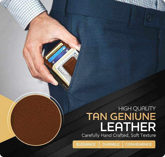 Claasico Men’s Leather Money Clip Wallet – Slim Front Pocket Wallet w/Super Strong Magnetic Clip, RFID Blocking, 5 Card Slots & Center Pocket + ID Window