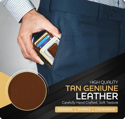 Claasico Men’s Leather Money Clip Wallet – Slim Front Pocket Wallet w/Super Strong Magnetic Clip, RFID Blocking, 5 Card Slots & Center Pocket + ID Window