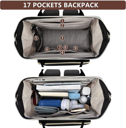 Laptop Backpack for Womem Work Bags: 18 Inch Travel BackPacks With USB Charging Port Anti Theft Durable Back Pack Fashion College BookBag Purse Bussiness Daypack for Nurse Teacher Black Grey Brown
