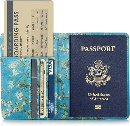 Passport Holder, Slim Travel Wallet RFID Blocking Card Case Passport Cover Protector Travel Essentials with Credit Card Slots Pockets for Women/Men, Almond Blossom Tree