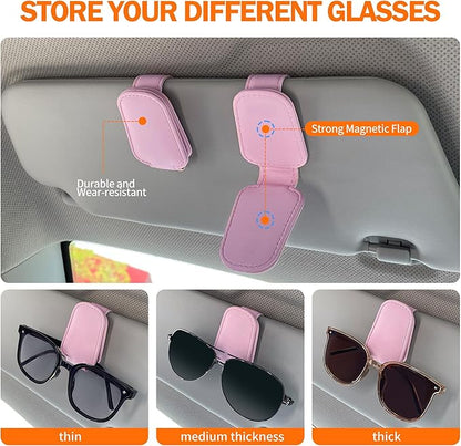 KIWEN 2 Packs Sunglasses Holders for Car Visor, Magnetic Leather Glasses Eyeglass Clip for Car, Ticket Card Clip Sunglasses Mount, Car Visor Accessories Gadgets (2, Pink)