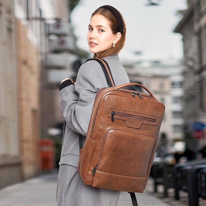 Shrrie Leather Laptop Backpack for Women and Men,28 L Travel Backpack Computer Bag Fits 16 inch Laptop,Expandable Casual Daypack with USB Port for Work Business Weekender College,Brown