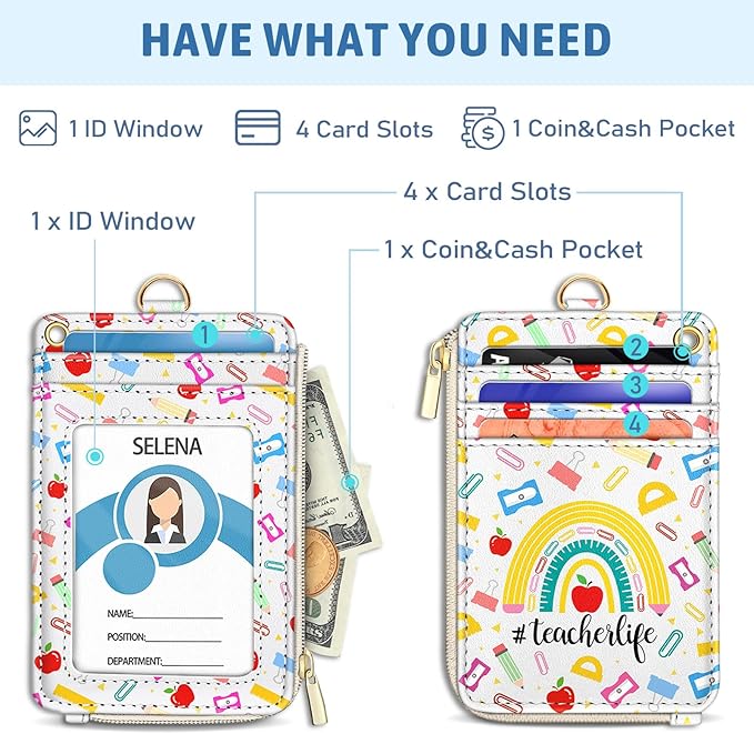 Piefly Cute Rainbow Teacher Lanyard Wallet with ID Badge Holder, Small RFID Wallet Women Keychain Wristlet, Slim Credit Card Holder with Zipper Pocket Phone Lanyard Wrist Strap Name Tag Office Gift
