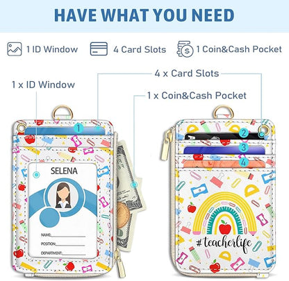 Piefly Cute Rainbow Teacher Lanyard Wallet with ID Badge Holder, Small RFID Wallet Women Keychain Wristlet, Slim Credit Card Holder with Zipper Pocket Phone Lanyard Wrist Strap Name Tag Office Gift