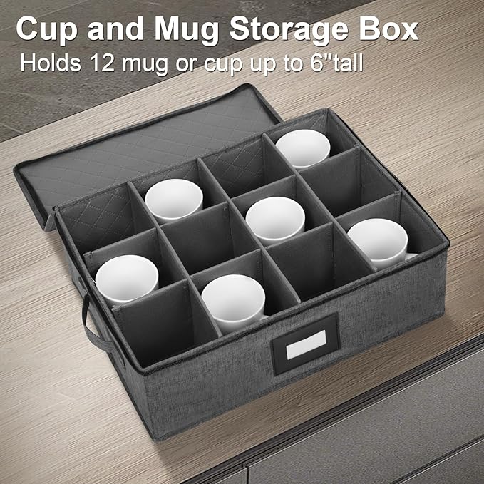 Mayniu 2 Pack Mug Storage Box with Dividers, Hard Top Cup Storage Containers for Coffee Mug & Tea Cup, Stackable Coffee Mug Storage Organizer with Zipper Lid & Rivet Reinforced Handles – Black