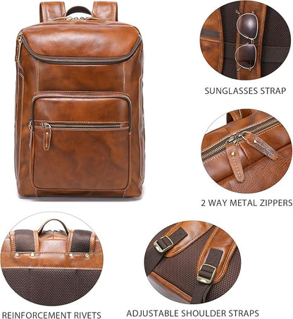 LANNSYNE Vegetable Tanned Leather Backpack For Men, 17" Laptop Backpack, Casual Outdoor Business Travel Rucksack, YKK Zippers