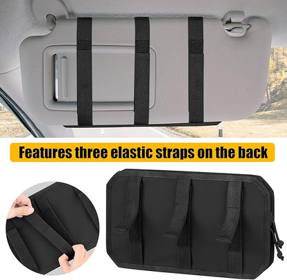 Car Sun Visor Organizer, Tactical Sunvisor Organizers Storage Covers for Trucks, Molle Panel with Pockets Zipper Visor Storage Pouch Accessories, Fits Most Vehicles, SUVs & Jeeps (BK)