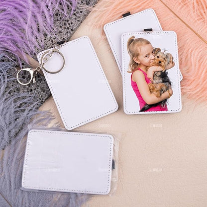 AUEAR, 6 Pack Sublimation Leather Badge Holder Set Work Card ID Sleeves with Keychains for Office (Vertical)