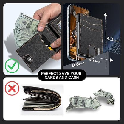 umoven Wallet for Men - Pop Up Case, Cash Slot, and Credit Card Slot - Slim Aluminum Wallet with RFID Blocking, Minimalist Leather Wallet Front Pocket with ID Window (Denim)