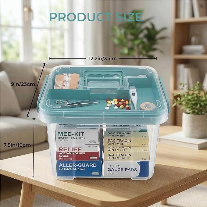 Pulseplay Clear Medicine Organizer Storage Box with Handle Medicine Organizer Box with Removable Tray Multipurpose Medicine Container Chest (Green)