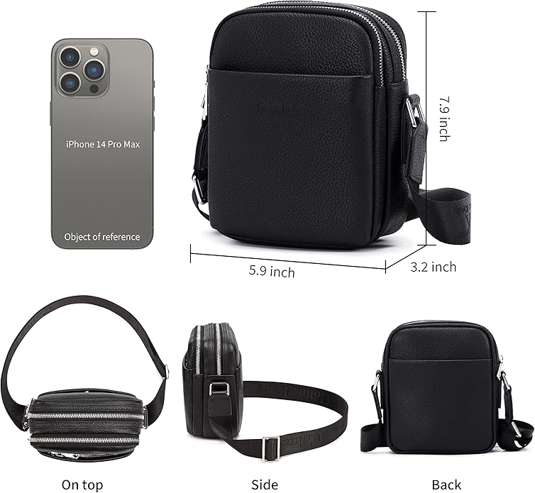 Colins Keirs Leather Crossbody Bag for Men, Shoulder Bag for Men, Man Purse with Zipper and Adjustable Shoulder Strap, Black Small