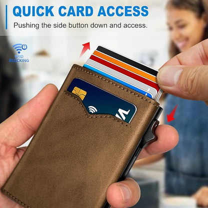 miyozi Wallet for Men,with Cash Pocket 2 ID Window 9-13 Cards,Metal Case Smart Slim Pop Up Credit Card Holder Flip with Magnetic Closure RFID Blocking Trifold wallet with Gift Box