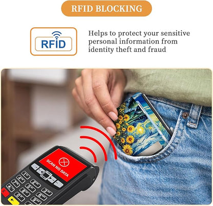 Hancynir Slim Wallet Women Credit Card Holder Sunflowers RFID Small Mini Card Case Front Pocket PU Leather Thin Travel Zipper Coin Cash ID Window Ladies Female Wallet Gifts