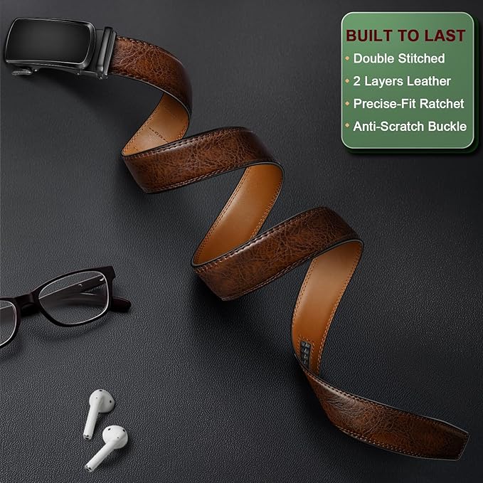 KEMISANT Men Belt Ratchet Click Belt Genuine Leather Adjustable For Men Golf Dress Casual Jeans 1 3/8-Cut For Fit