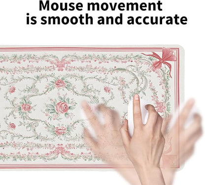 Vintage Floral Desk Mat for Women, Large PU Leather Desk Pad with Non-Slip Base, Elegant Office Keyboard Cover an Elegant and Thoughtful Gift for Women（27.56 * 13.78in）
